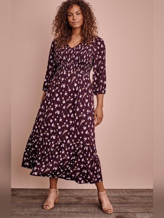 J. Jill Dresses & Skirts - J. Jill Plum Purple Floral Smocked Tiered Flounced-Hem Midi Dress Medium Petite